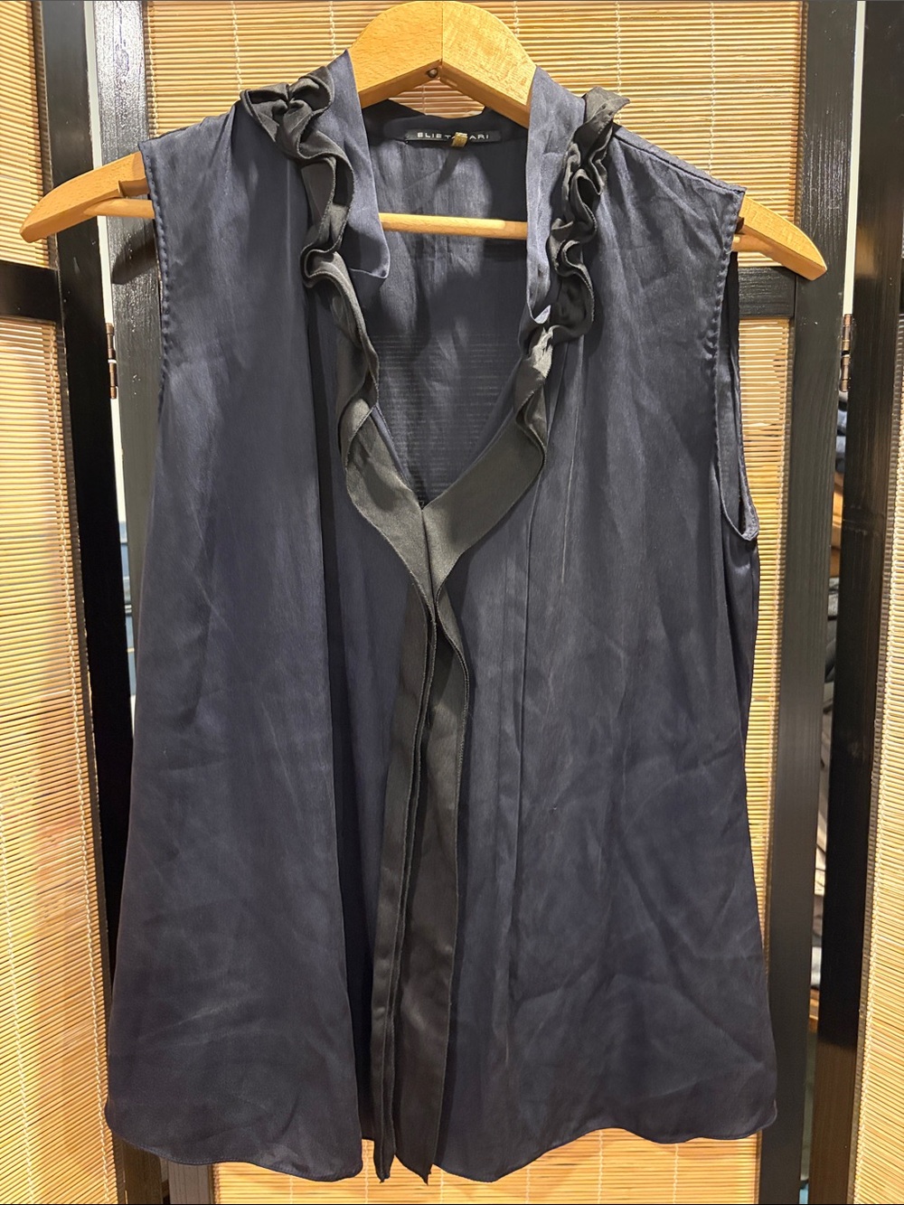 Silk Sleeveless Ruffle Tie Front Blouse in Deep Navy